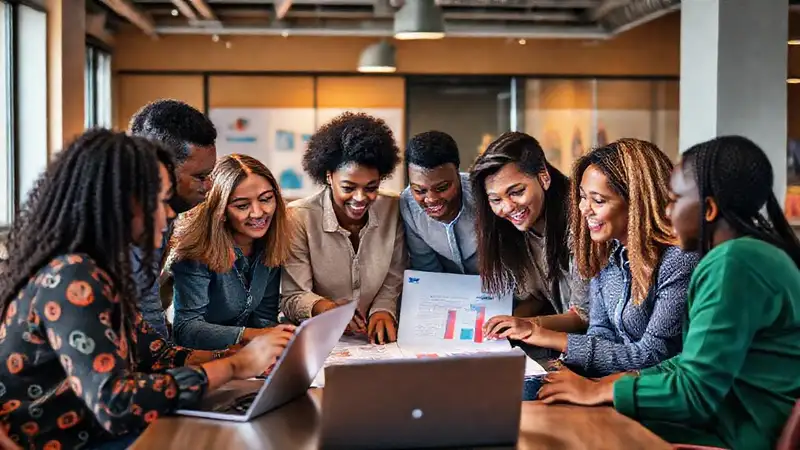 Equipo diverso colabora en ideas impactantes