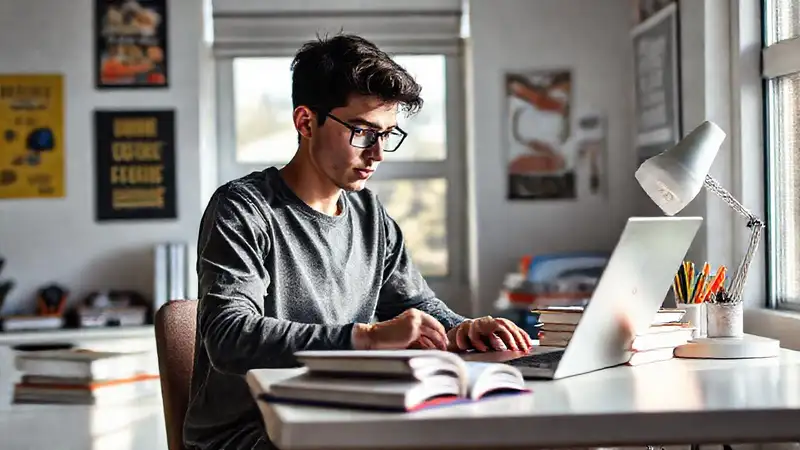 Estudiante en escritorio organizado y brillante
