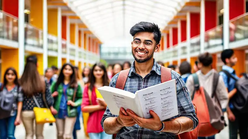 Estudiante elige cursos en un campus vibrante