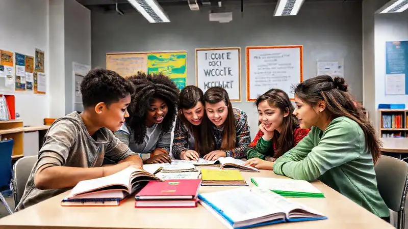 Estudiantes colaborando en un aula moderna y vibrante