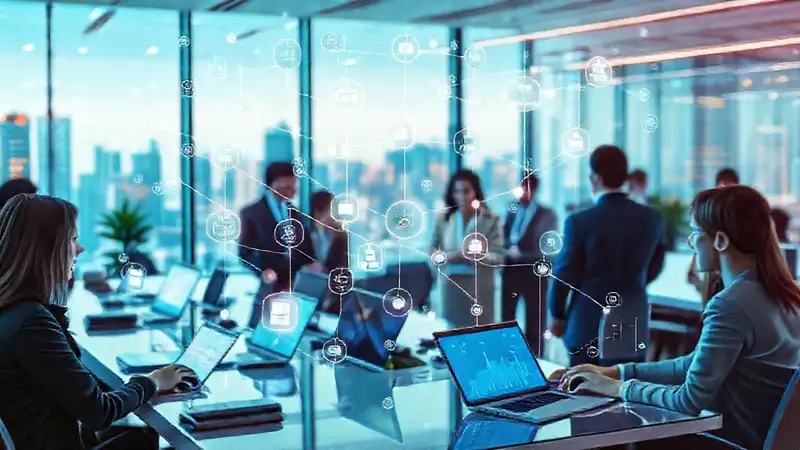 Dispositivos digitales y profesionales en oficina moderna