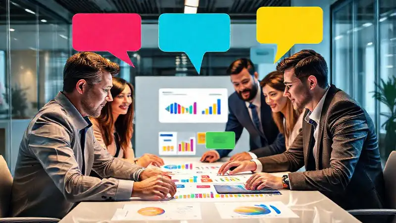 Empresarios colaborando con gráficos y chat