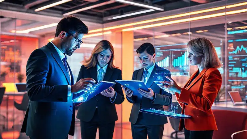 Personas analizándose datos en oficina futurista