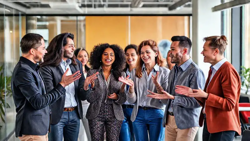 Equipo diverso en oficina colaborativa y comunicativa