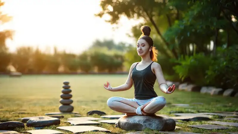 Estudiante meditando en naturaleza con calma