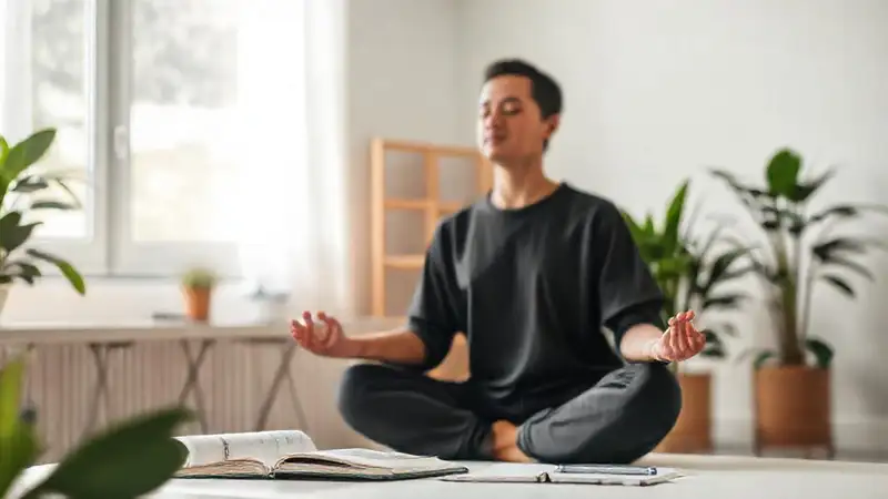 Persona tranquila meditando en oficina serena