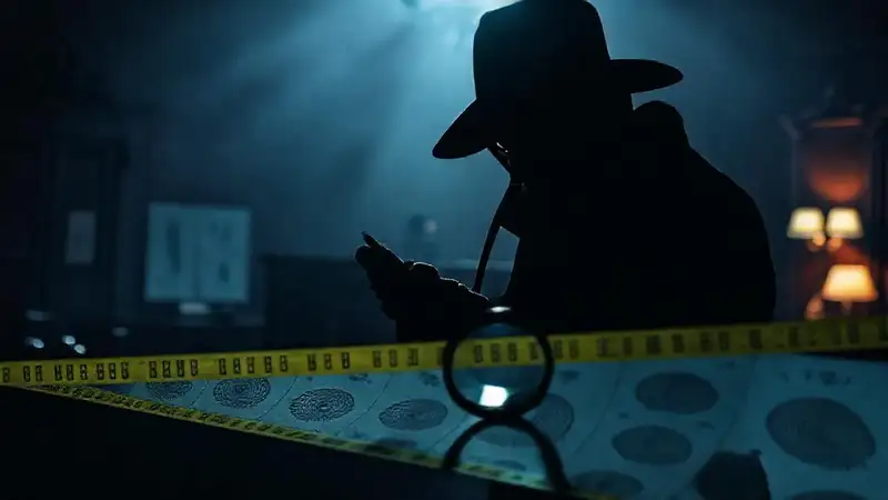 Detective analiza escena criminal con herramientas forenses