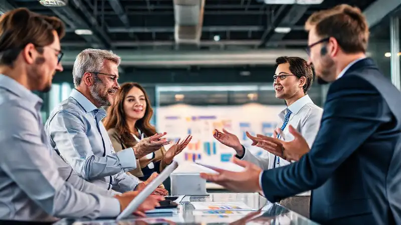 Negociación profesional en oficina moderna y colaborativa