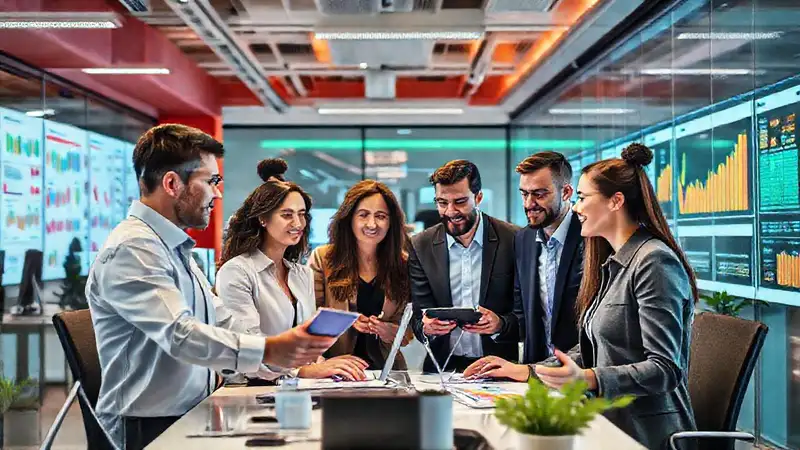 Oficina moderna con profesionales y tecnología