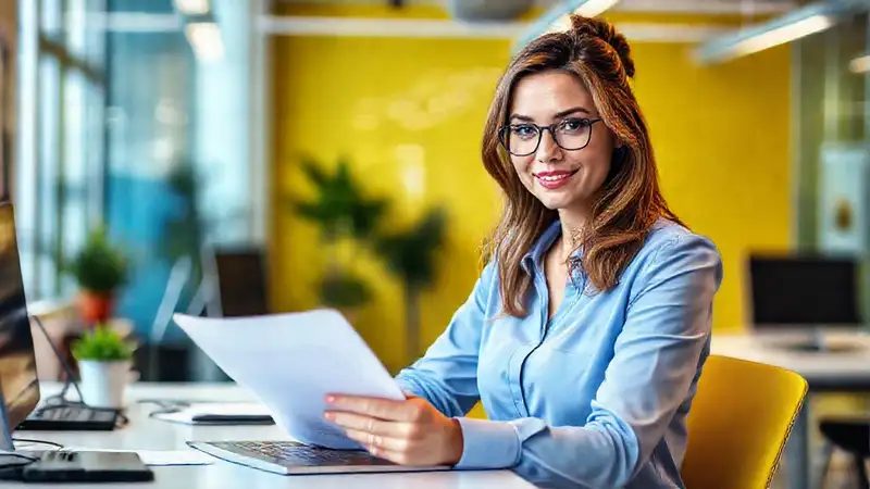 Mujer profesional edita comunicado con confianza