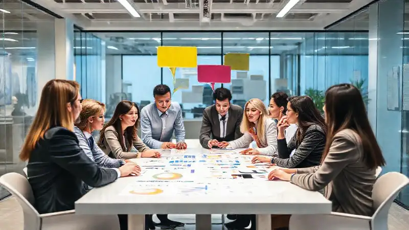 Equipo de oficina colaborando en discusión productiva