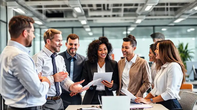 Colaboración profesional en oficina moderna y diversa