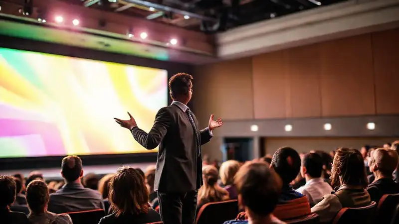 Orador confiado inspira audiencia con energía