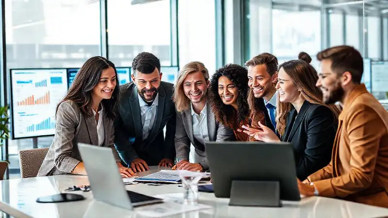 Equipo de negocios discutiendo en oficina moderna