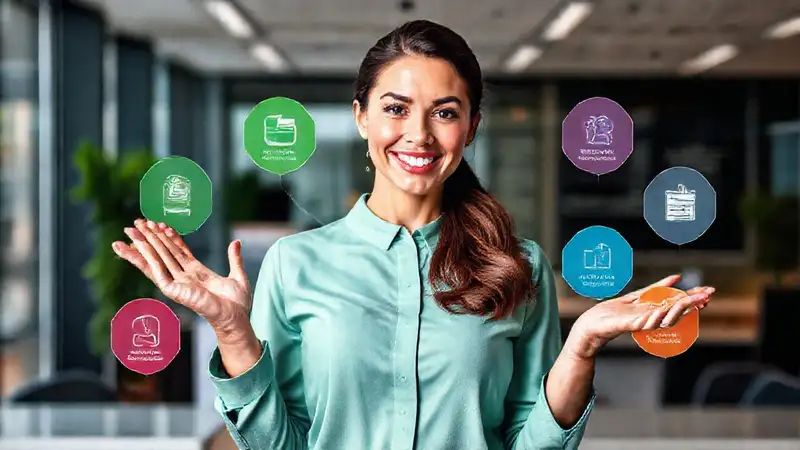 Mujer profesional con íconos y estilo digital