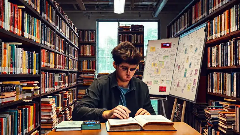 Biblioteca colorida, estudio organizado y motivador
