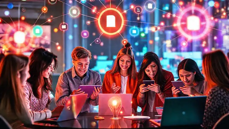 Personas conectadas en una colaboración digital vibrante