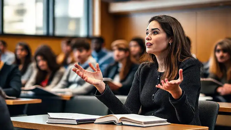 Estudiante participando en clase de derecho activamente