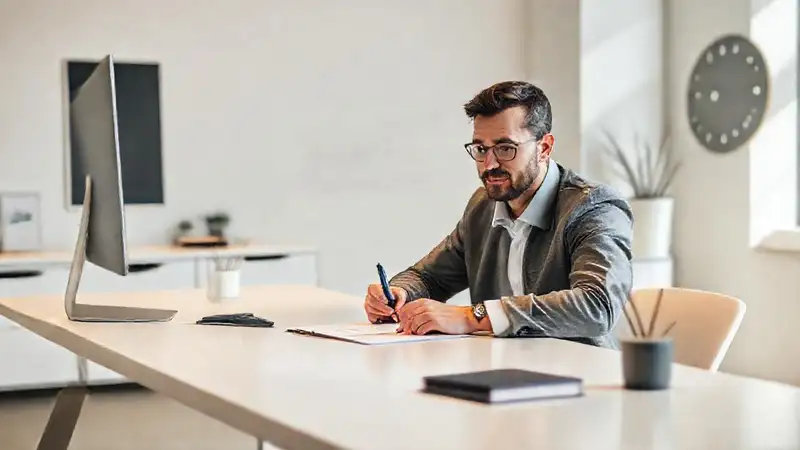 Escritor profesional en oficina minimalista y luminosa