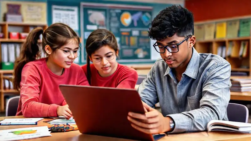 Estudiantes usan herramientas digitales en aula moderna