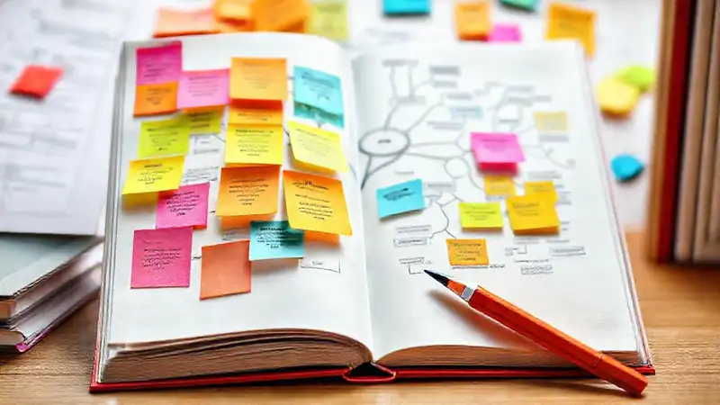 Libro abierto con notas y mapas mentales