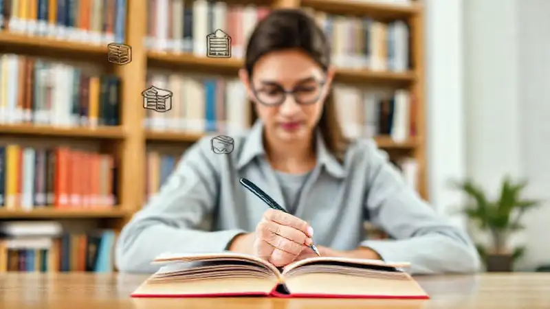 Estudiante escribe en cuaderno con símbolos académicos