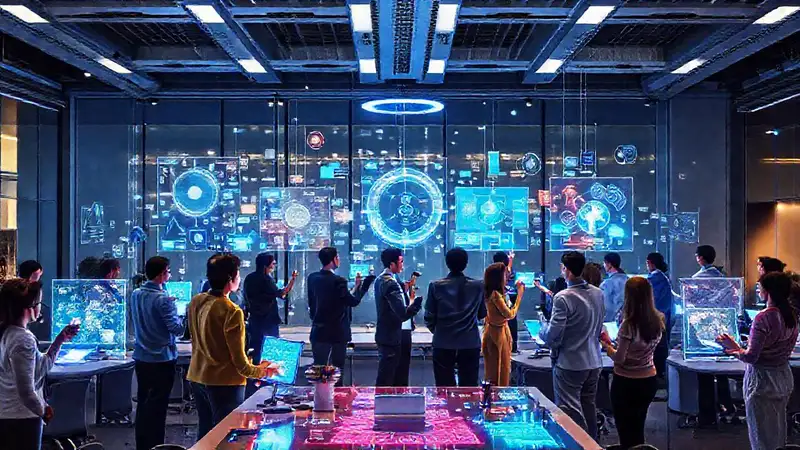 Dispositivos futuristas conectan personas en oficinas modernas