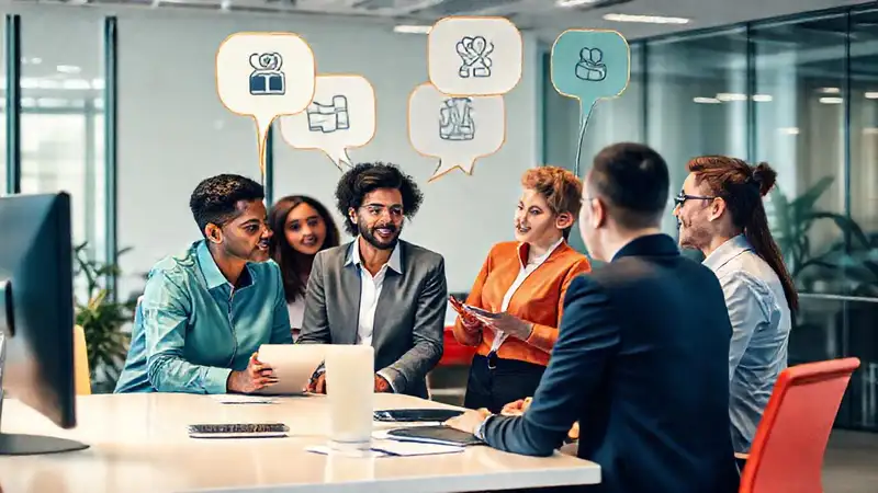 Equipo diverso discute en oficina moderna