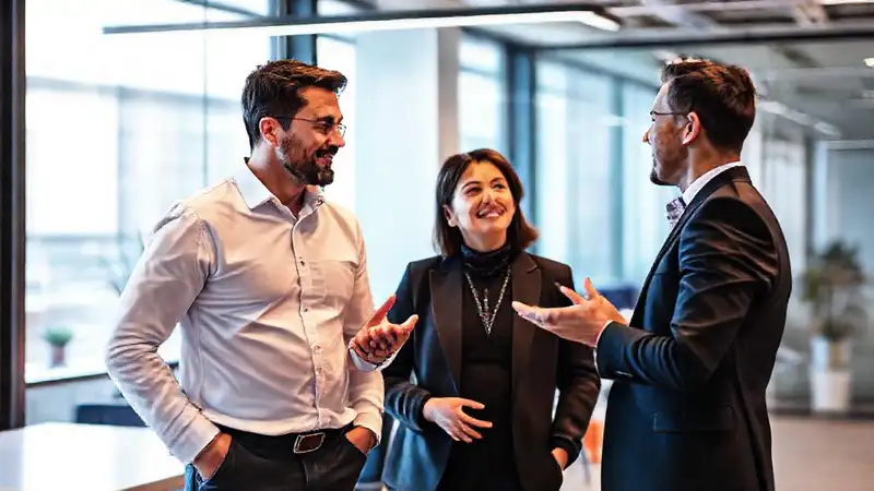 Mentor y aprendiz conversan en oficina moderna