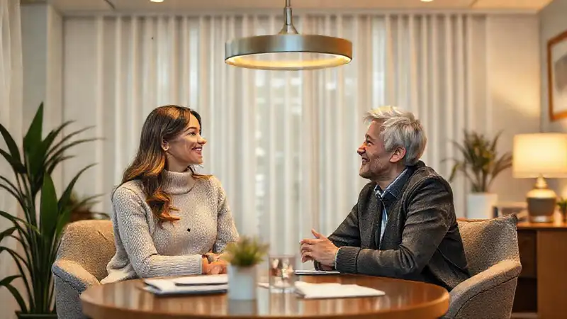 Dos personas compartiendo ideas en un ambiente cálido