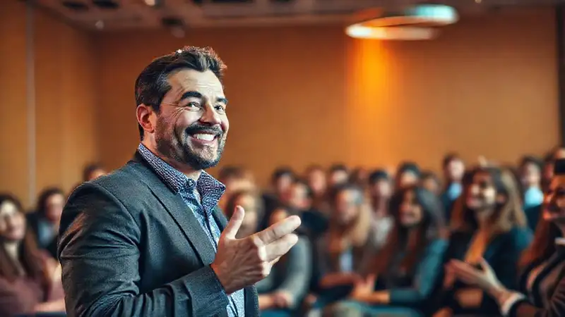 Orador confiado inspira audiencia en conferencia moderna