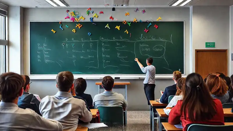 Aula moderna con estudiantes atentos y símbolos vibrantes