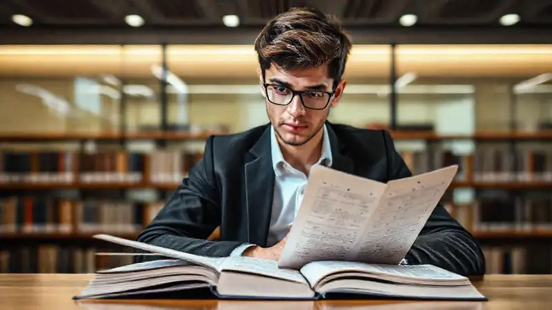 Estudiante estudia en biblioteca con libros abiertos