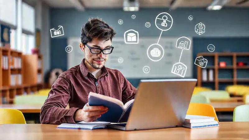 Estudiante estudiando con tecnología y ambiente inspirador