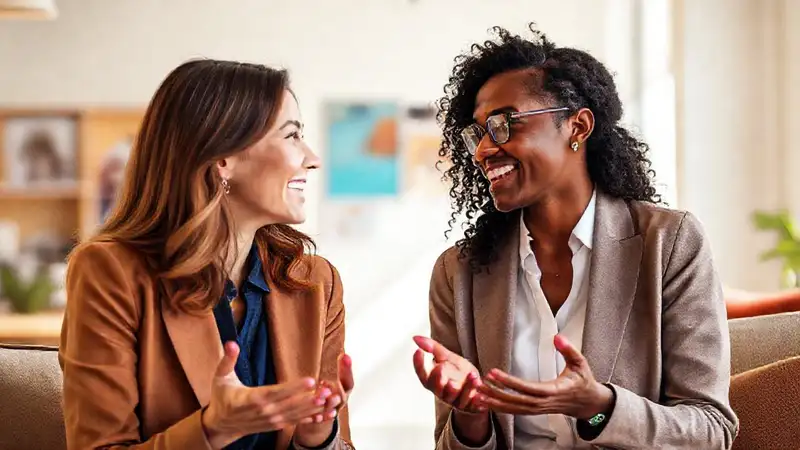 Dos personas conversando en ambiente cordial y profesional