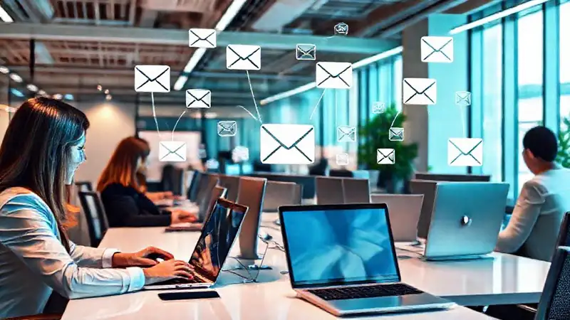 Íconos de email en oficina moderna digital