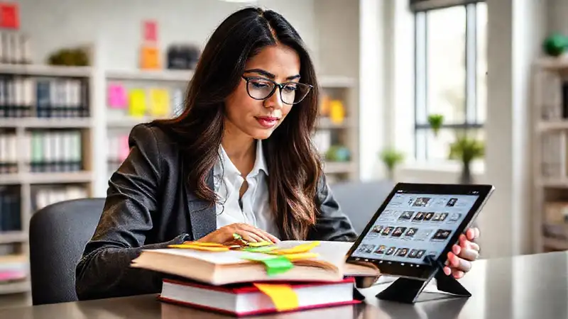 Estudiante estudia en espacio organizado y colorido
