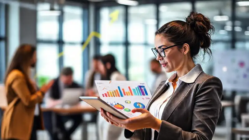 Mujer empresarial analiza gráficos en oficina moderna