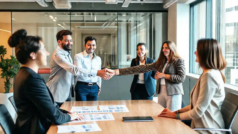 Negociación profesional en oficina moderna y colaborativa