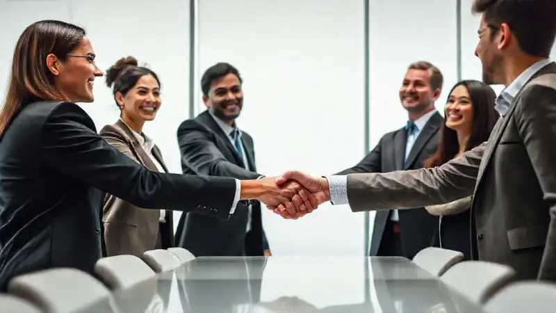 Empresarios estrechan manos en oficina moderna