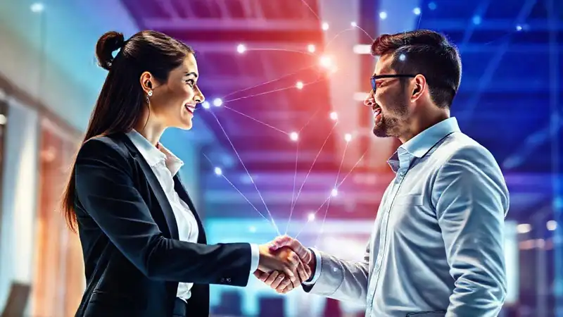 Mujer y hombre profesionales conectados colaborando