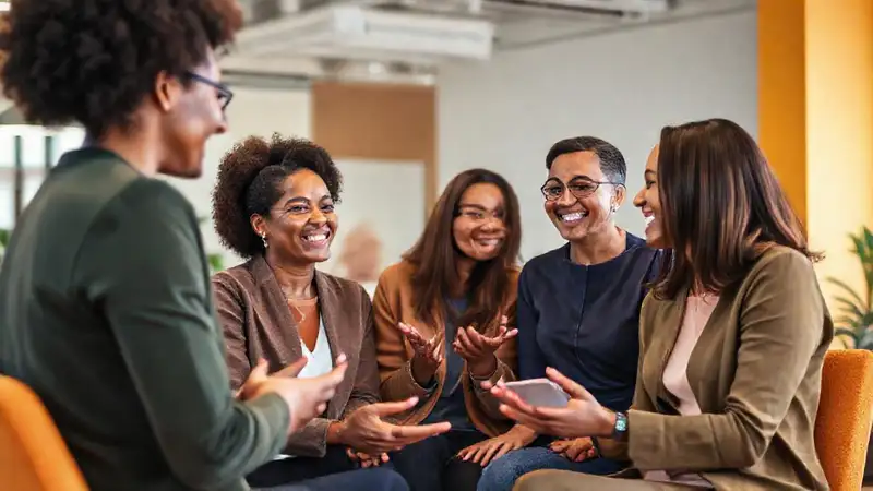 Trabajadores sociales colaborando con empatía y alegría