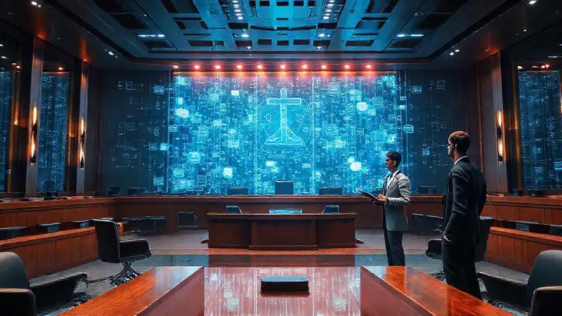 Juicio futurista con tecnología digital avanzada