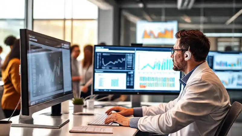 Investigador analizando datos en oficina moderna