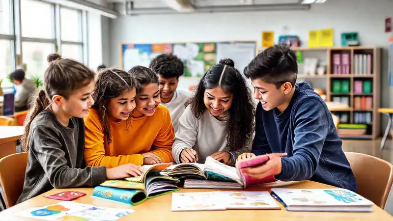 Estudiantes colaborando en aula vibrante y diversa