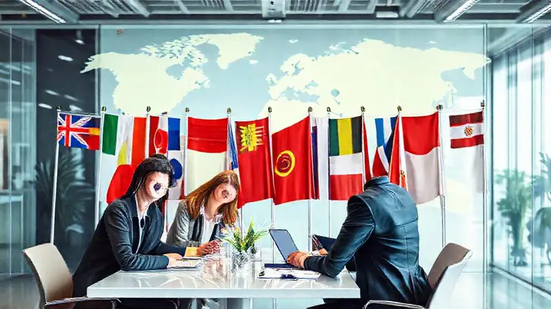 Profesionales internacionales en reunión global moderna