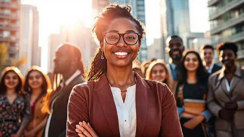 Trabajadora social en un entorno urbano vibrante