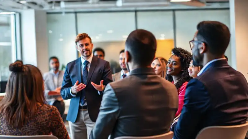 Profesional presenta; grupo atento en oficina moderna