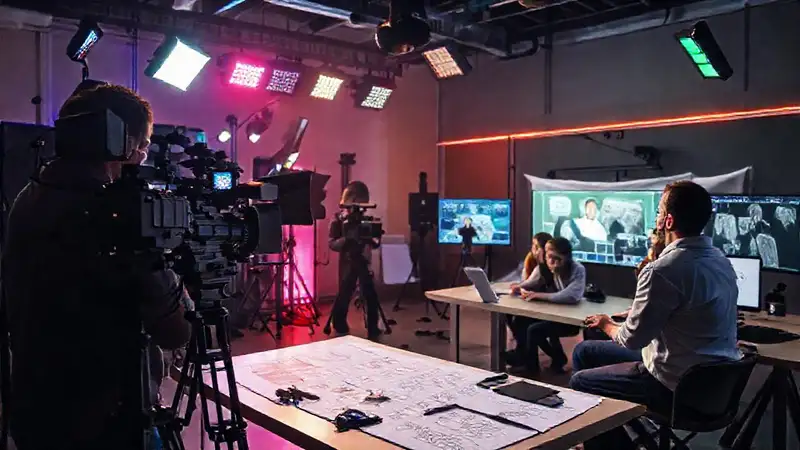 Equipo creativo trabajando en un set cinematográfico