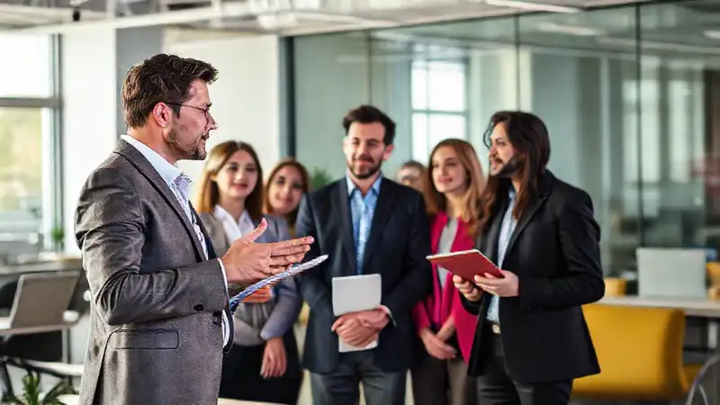 Profesional presenta; equipo escucha en oficina moderna